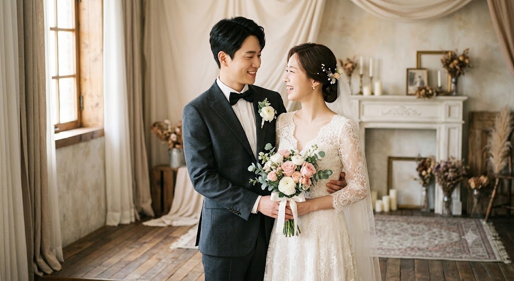 Printed wedding photo of a couple with a bouquet